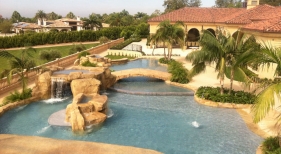 Custom Freeform Pool with Beach Entry, Bridge, & Waterfall